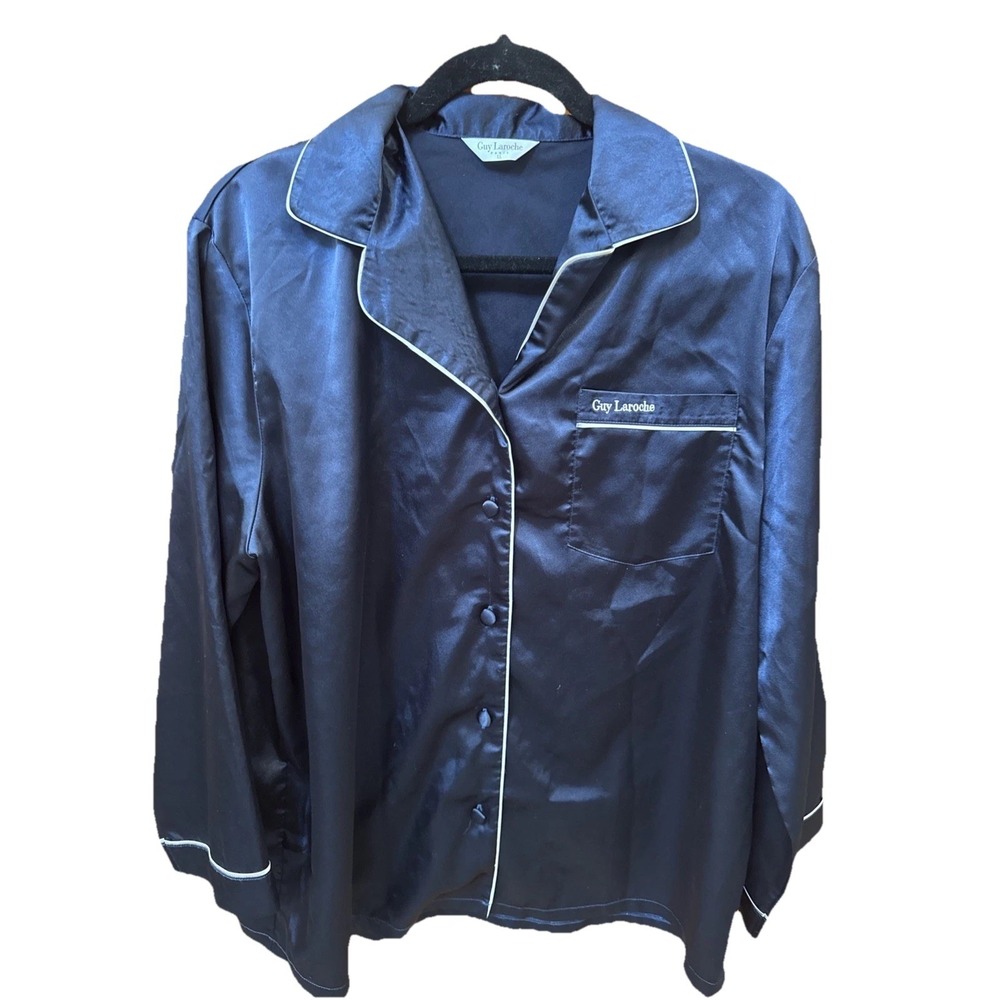 Guy Laroche Pajamas Womens Large Satin Night Shirt Long Sleeve Collared Navy